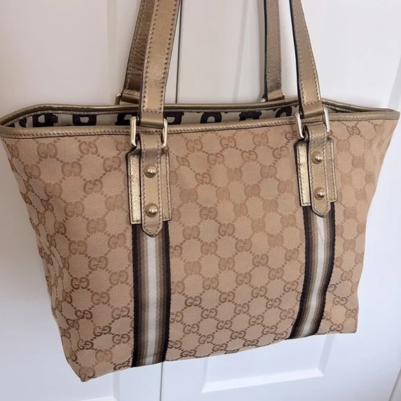 EUC [Gucci] Authenticated Monogram Canvas Jolicoeur Tote Handbag Beige w/ Gold - Picture 6 of 16